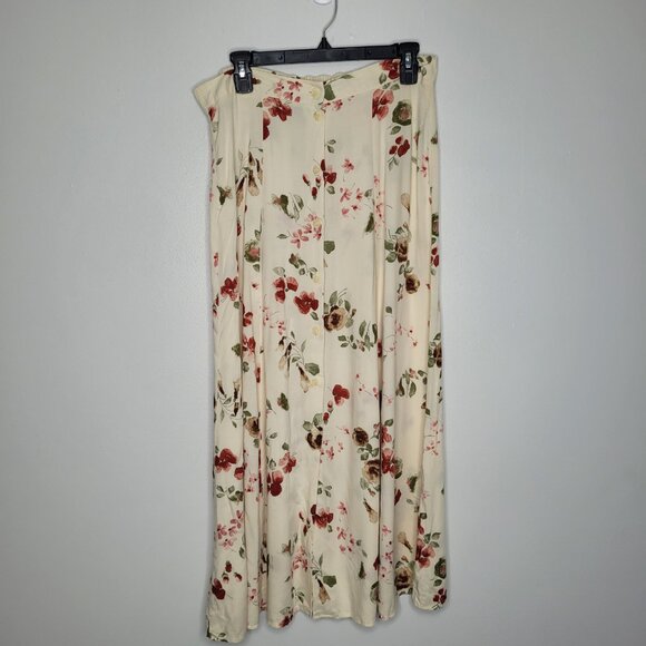 Vintage 90s light yellow floral preppy button front maxi midi cute skirt L FLAW - Picture 1 of 10